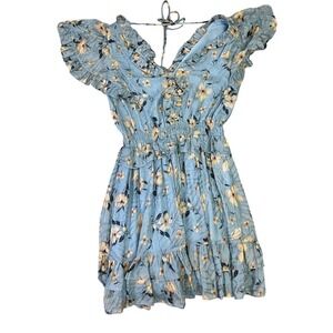 Rebecca Taylor Floral Print Ruffle Mini Dress Blue Yellow Size M‎